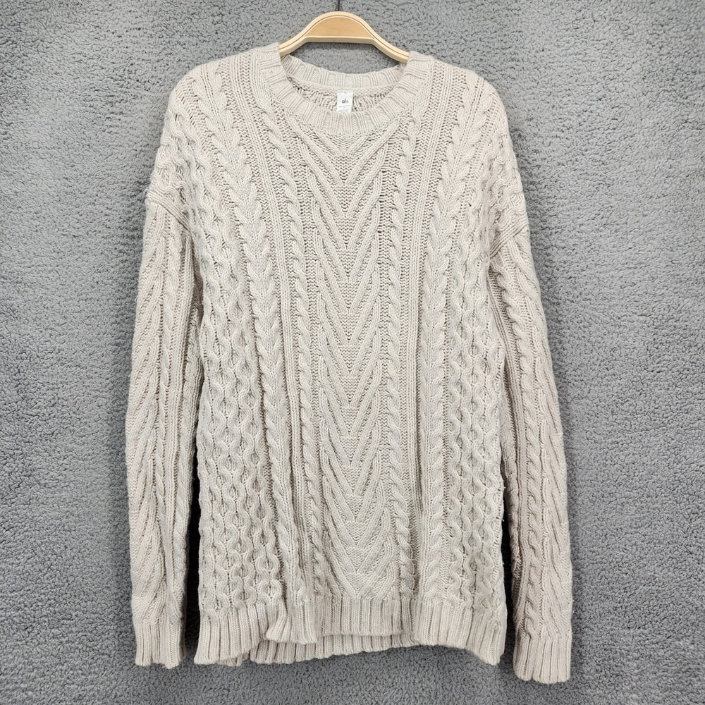 Alo Yoga Cable Knit Crew Neck Sweater XS Oatmeal Cashmere Cotton Blend Relaxed
